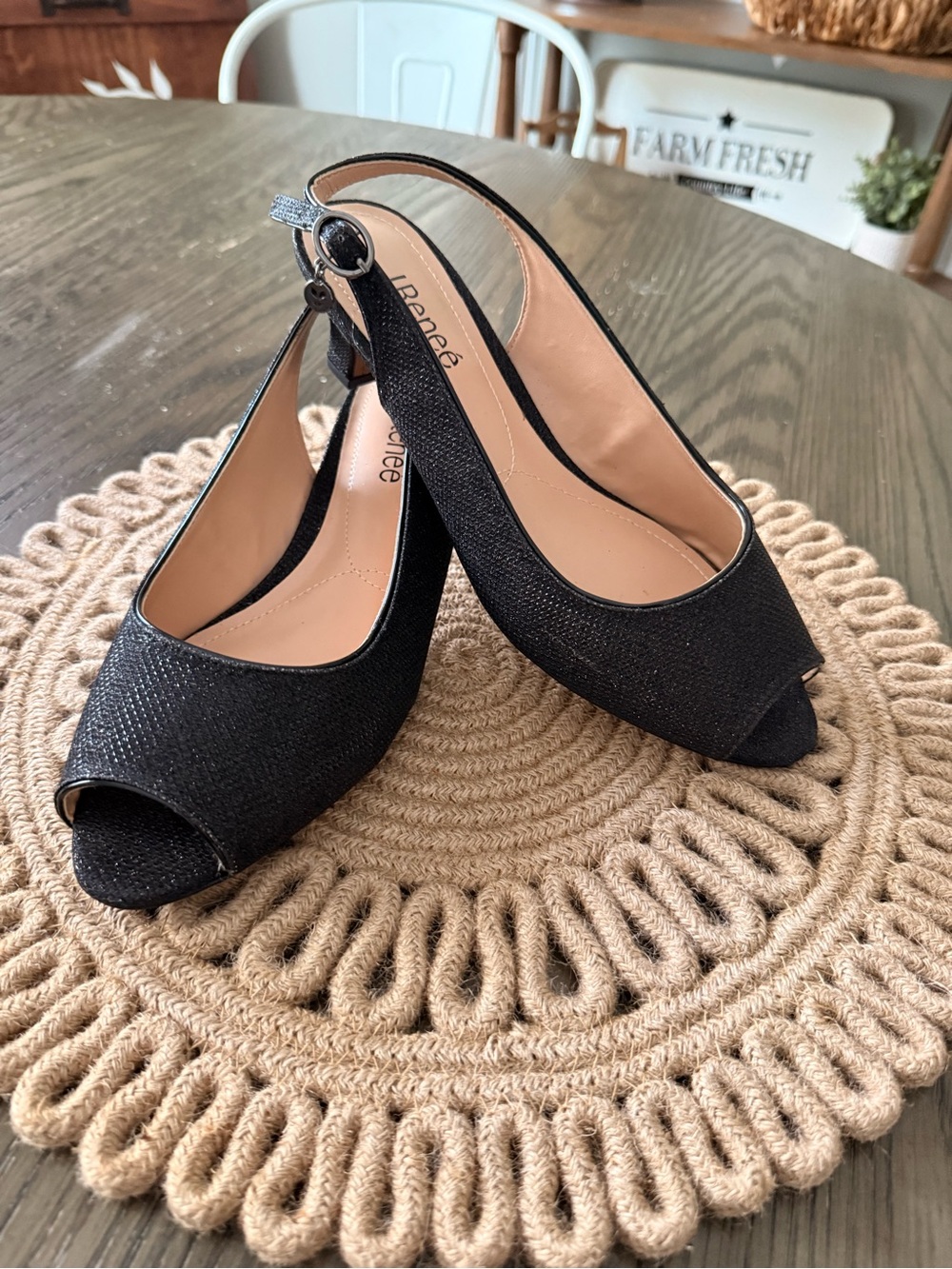 J. Renee Black Glitter Peep Toe Slingback Sz 9